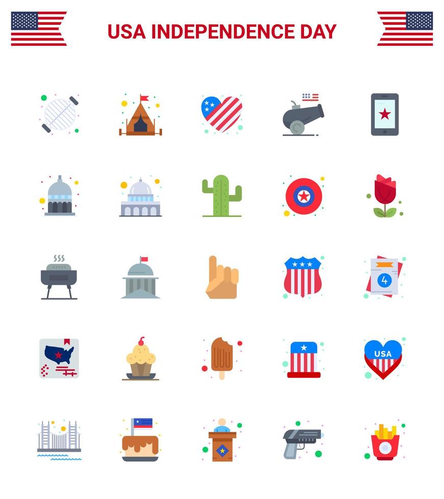 Happy Independence Day Pack of 25 Flats Signs and Symbols for phone mortar american howitzer big gun Editable USA Day Vector Design Elements