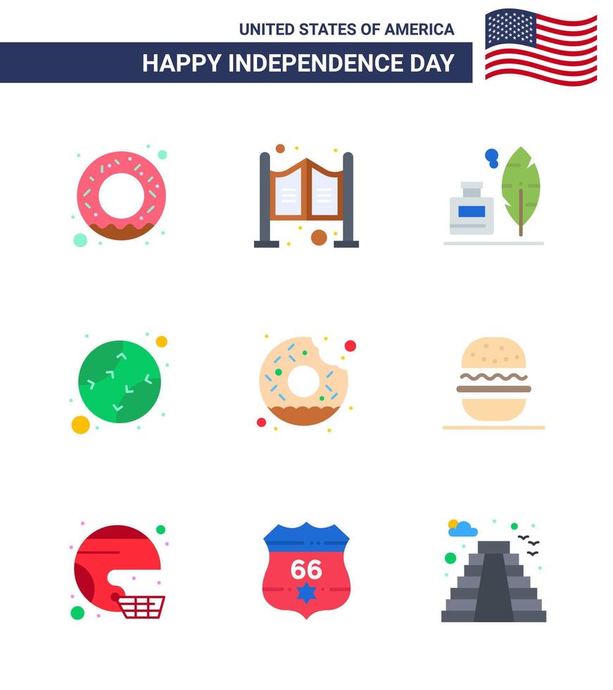 9 Flat Signs for USA Independence Day yummy donut feather united baseball Editable USA Day Vector Design Elements