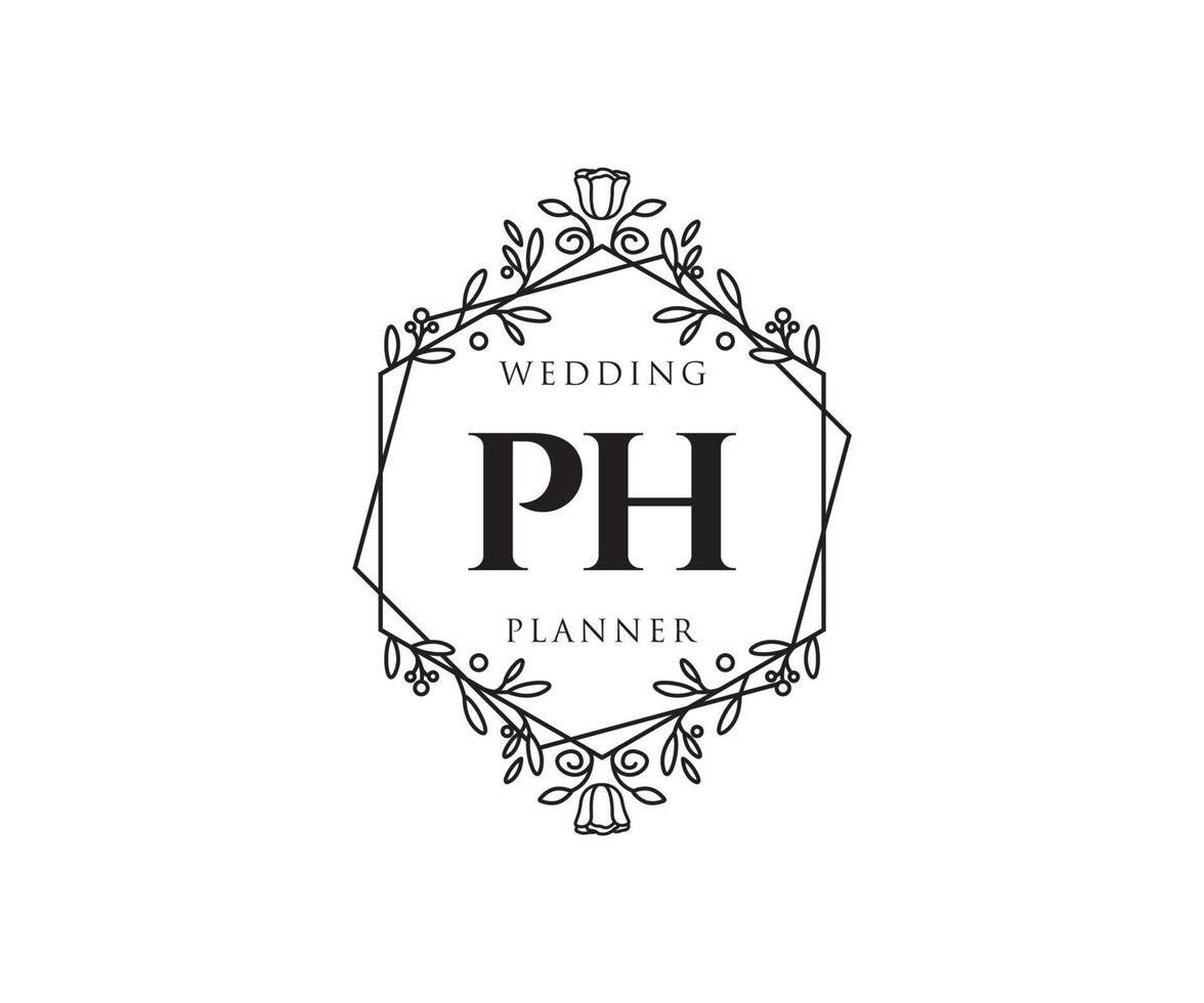 Colección de logotipos de monograma de boda con letras iniciales de ph, plantillas florales y minimalistas modernas dibujadas a mano para tarjetas de invitación, guardar la fecha, identidad elegante para restaurante, boutique, café en vector