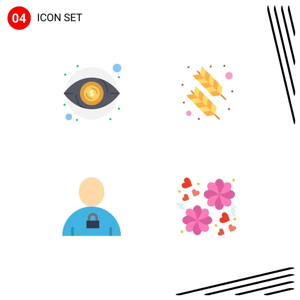 Modern Set of 4 Flat Icons Pictograph of eye body money feather locked Editable Vector Design Elements