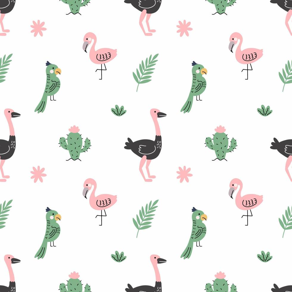 Ostrich, parrot and flamingo. African birds. Seamless pattern for sewing clothes and printing on fabric. Print with animals. vector