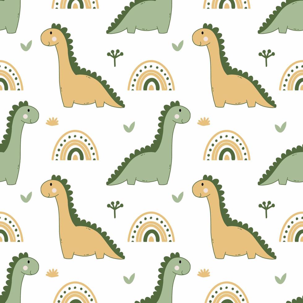 Dinosaur and rainbow. Cute baby pattern. Wallpaper in nursery. Printing on fabric and wrapping paper. Tailoring of children's clothing. vector