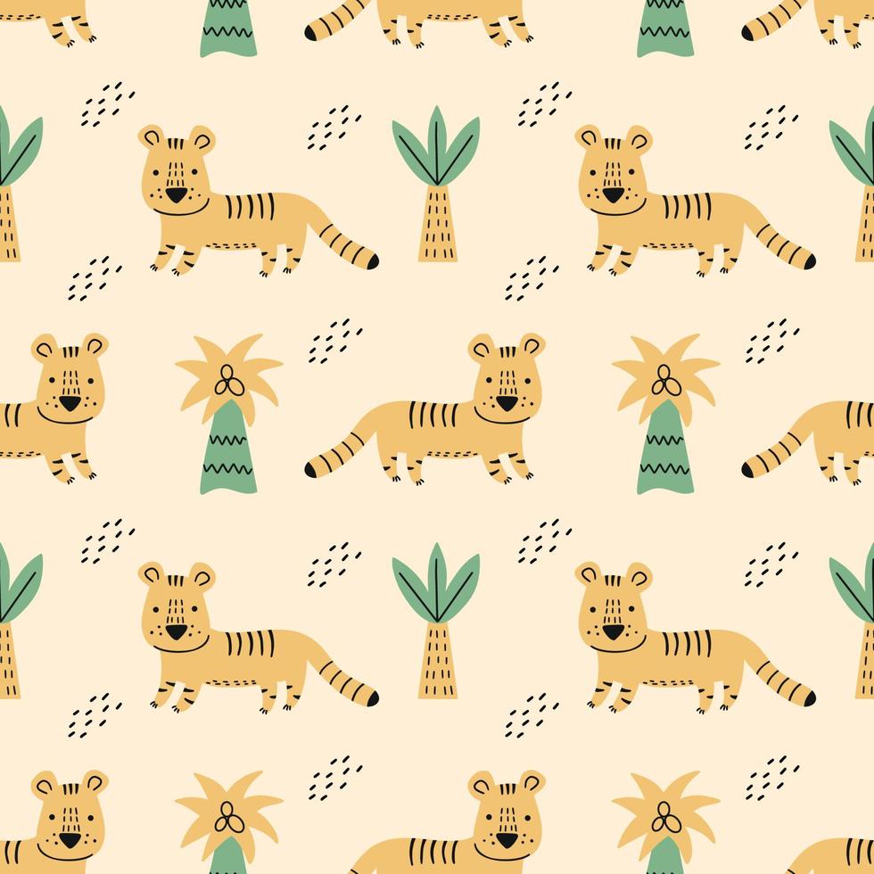 African tiger and palm trees. Seamless pattern. Jungles. Printing on fabric and wrapping paper. Background to  nursery. vector