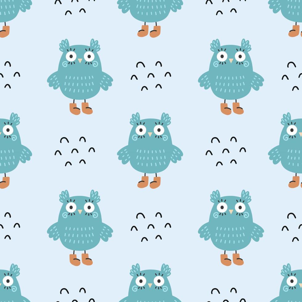 Blue pattern with owl. Printing on fabric and wrapping paper. Cover of notebook. Cute illustration in nursery. vector