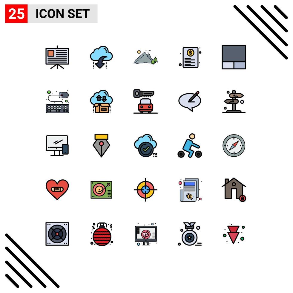 User Interface Pack of 25 Basic Filled line Flat Colors of web page mountain file scene Editable Vector Design Elements