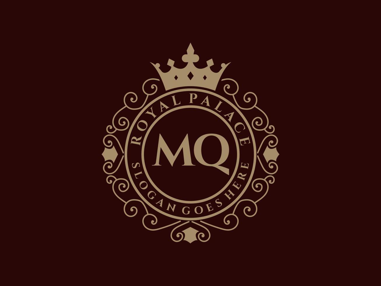 Letter MQ Antique royal luxury victorian logo with ornamental frame. vector