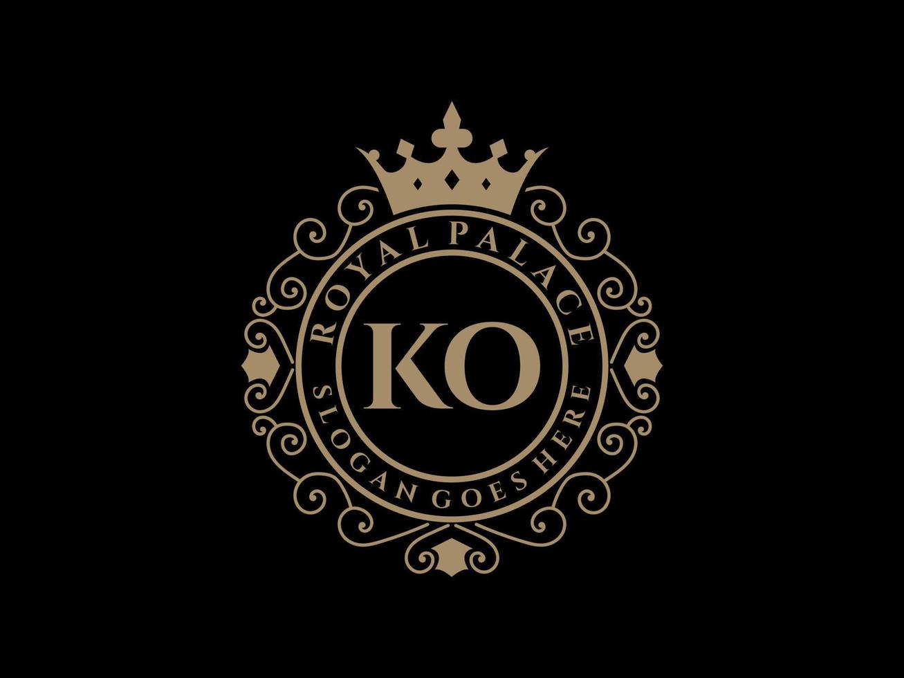 letra ko logotipo victoriano de lujo real antiguo con marco ornamental. vector