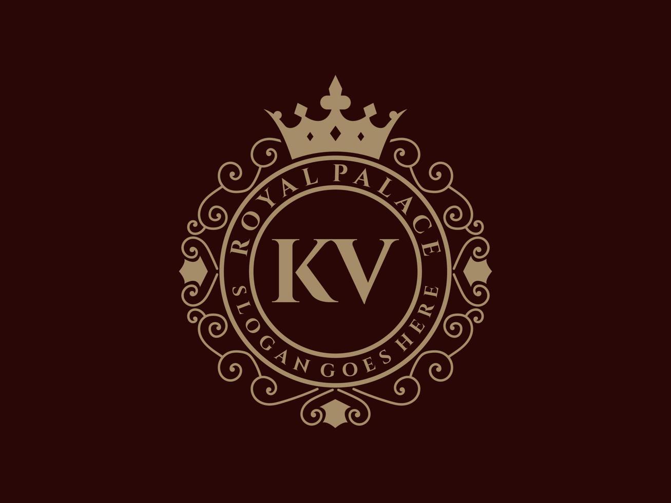 letra kv logotipo victoriano de lujo real antiguo con marco ornamental. vector