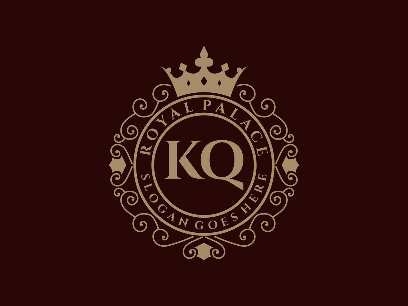 letra kq logotipo victoriano de lujo real antiguo con marco ornamental. vector