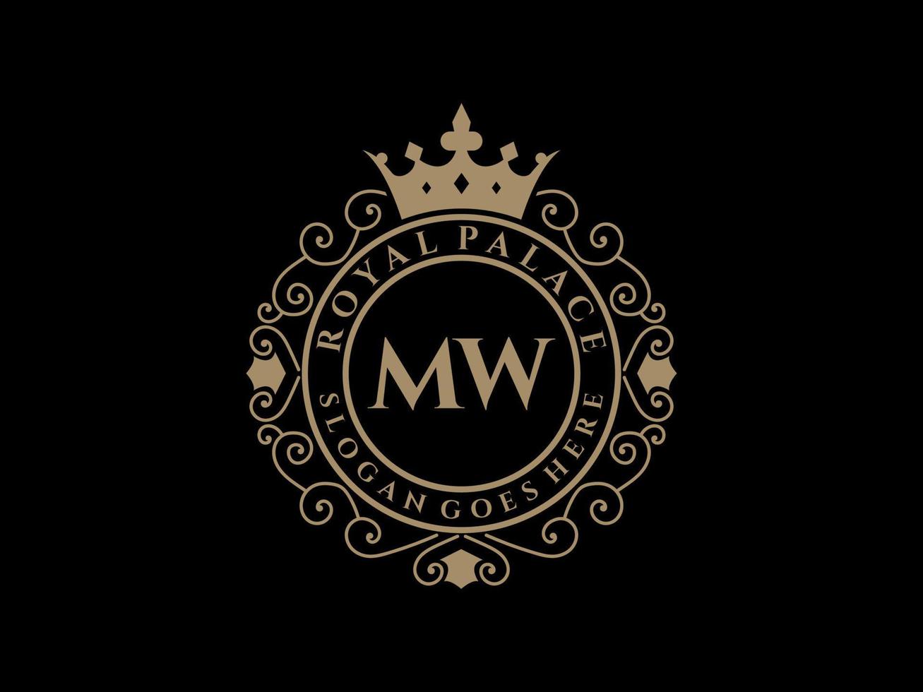 Letter MW Antique royal luxury victorian logo with ornamental frame. vector