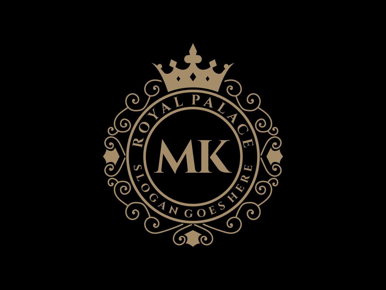 Letter MK Antique royal luxury victorian logo with ornamental frame. vector