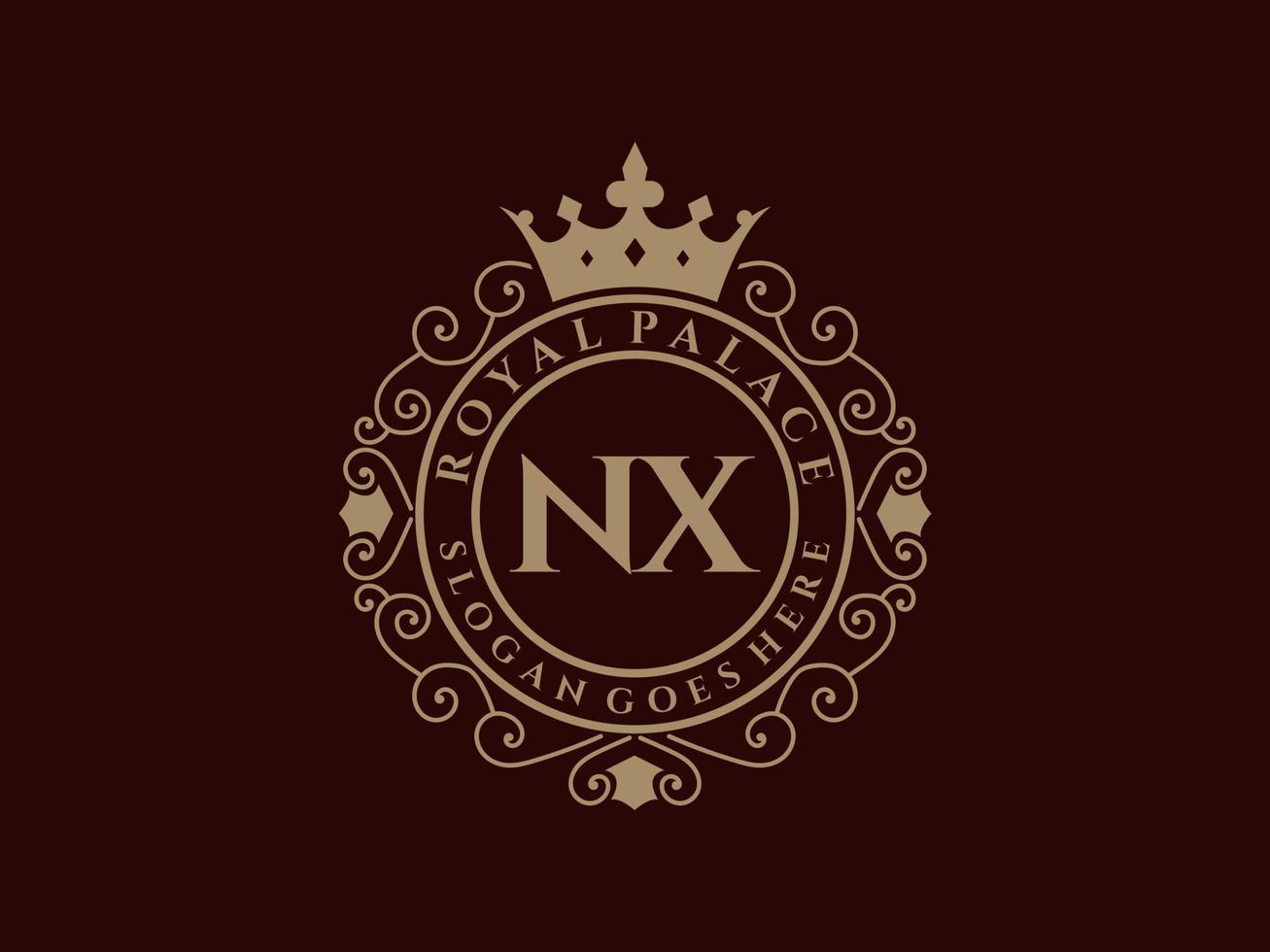 Letter NX Antique royal luxury victorian logo with ornamental frame. vector