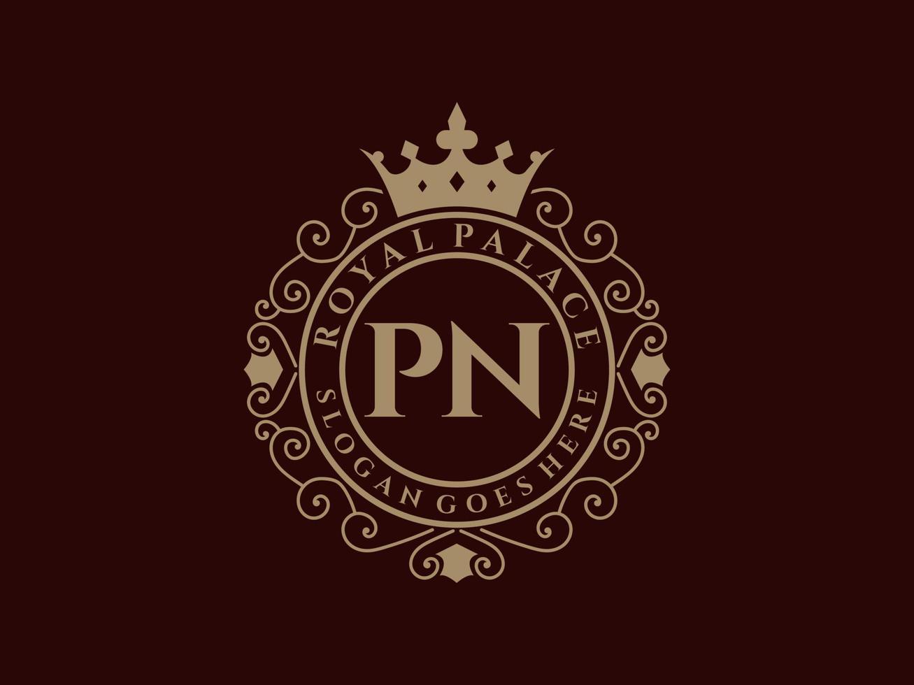 Letter PN Antique royal luxury victorian logo with ornamental frame. vector