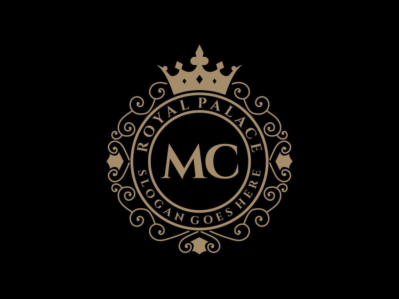 Letter MC Antique royal luxury victorian logo with ornamental frame. vector