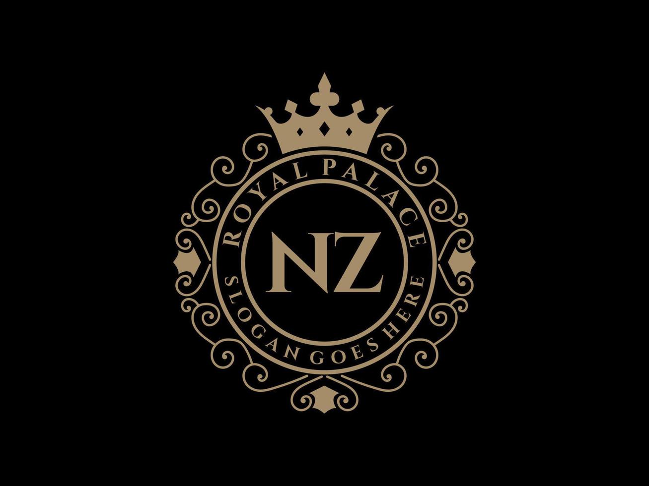 letra nz logotipo victoriano de lujo real antiguo con marco ornamental. vector