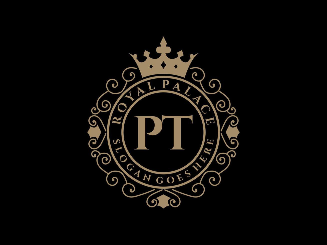 Letter PT Antique royal luxury victorian logo with ornamental frame. vector
