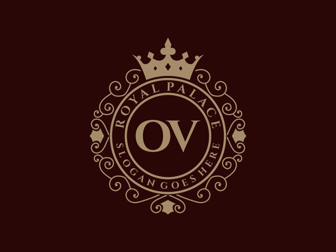 Letter OV Antique royal luxury victorian logo with ornamental frame. vector