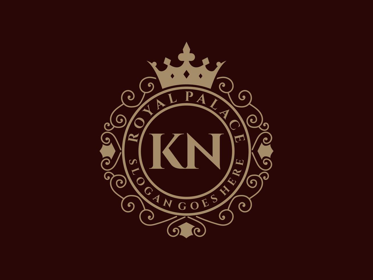 letra kn logotipo victoriano de lujo real antiguo con marco ornamental. vector