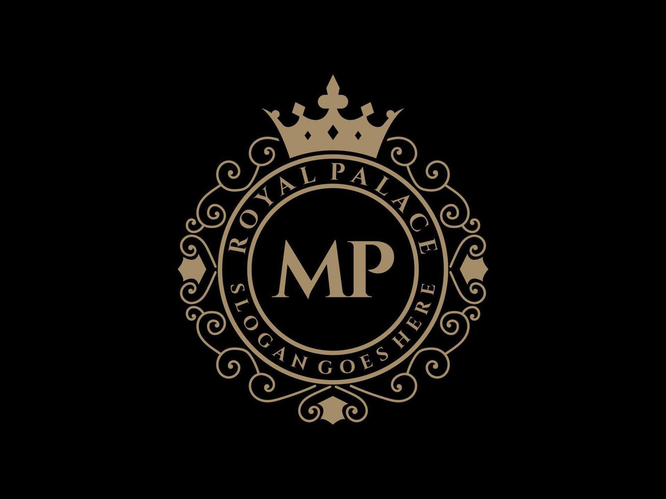 Letter MP Antique royal luxury victorian logo with ornamental frame. vector