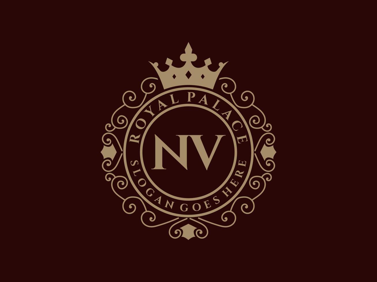 letra nv logotipo victoriano de lujo real antiguo con marco ornamental. vector