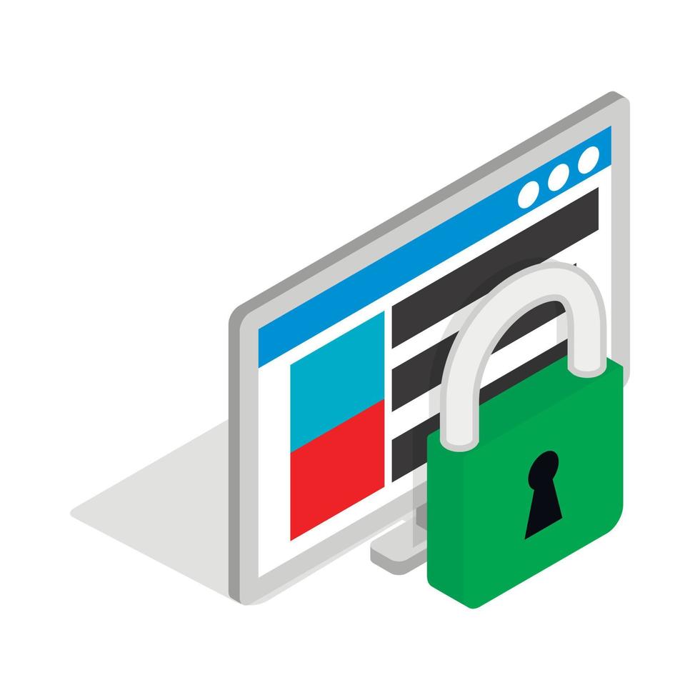 Computer monitor and padlock icon, isometric 3d vector