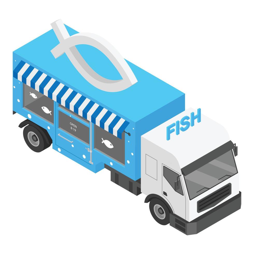 icono de camión de pescadería, estilo isométrico vector