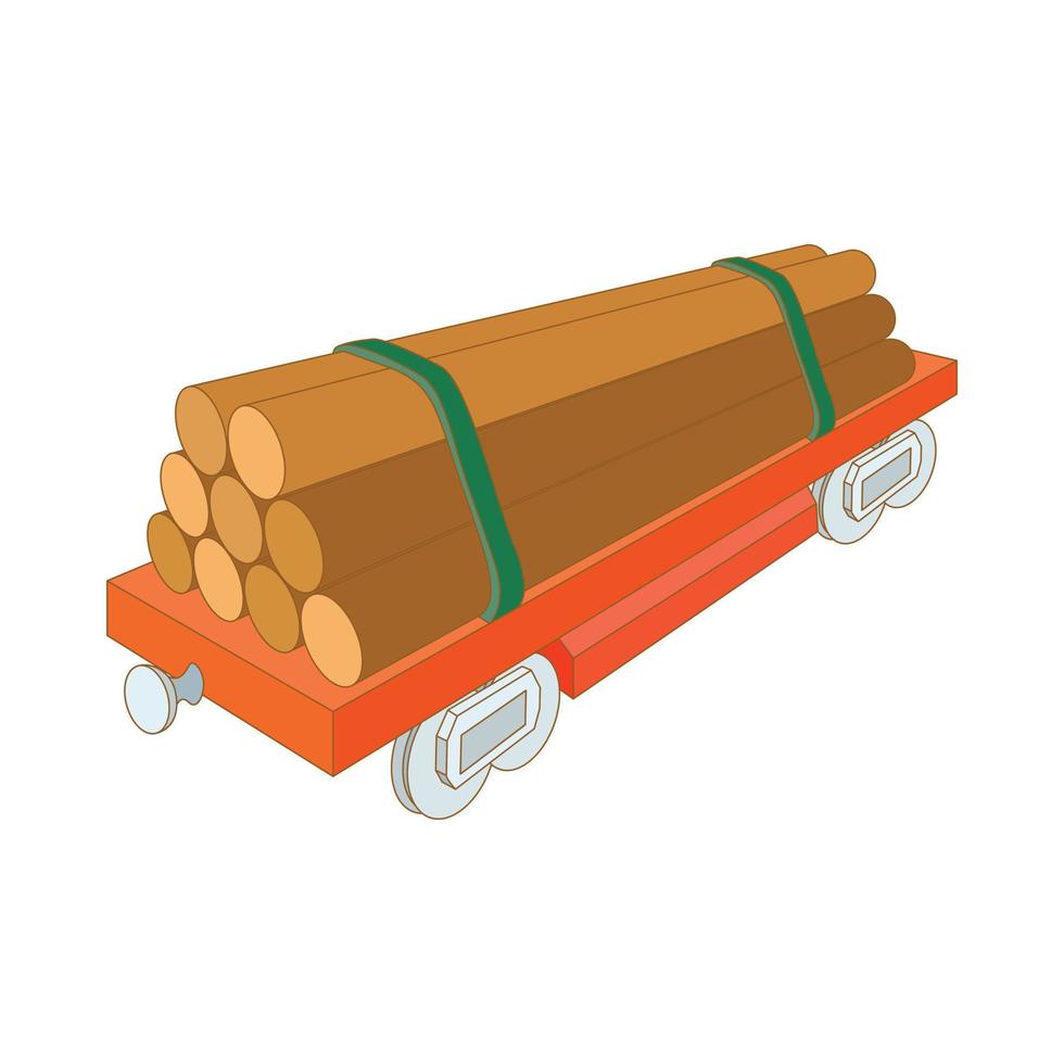 Train wagon loaded with logs icon, cartoon style vector