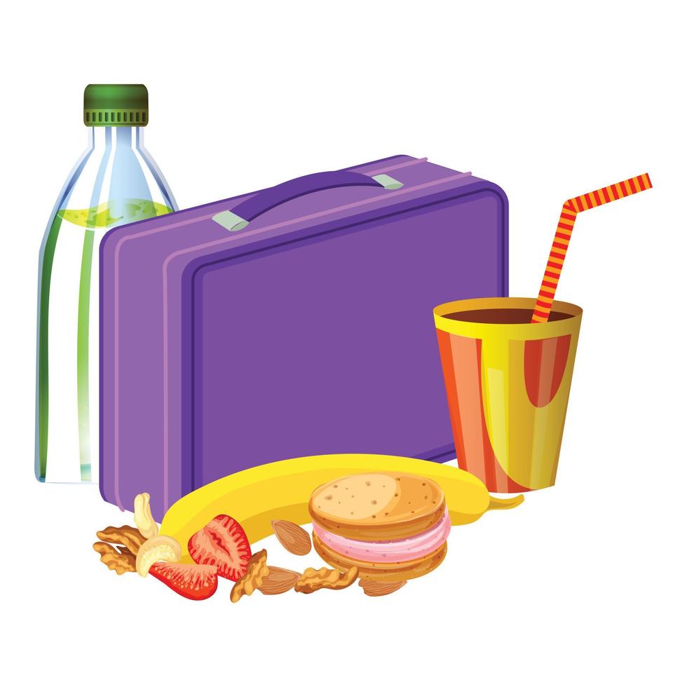 Violet lunchbox with drink icon, cartoon style vector