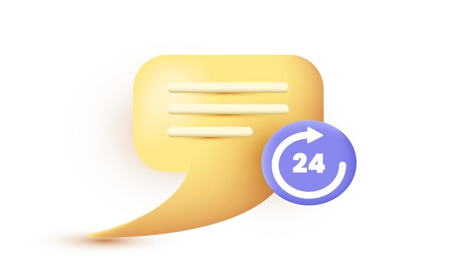 illustration icon 3d yellow purple speech bubble 24 hours watch arrow isolated on background vector