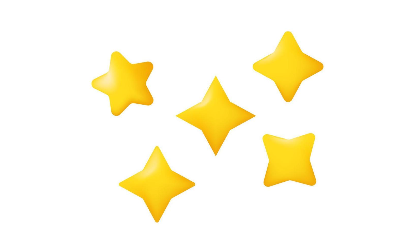 ilustración 3d conjunto de iconos estrellas amarillas diferentes formas cinco aisladas sobre fondo blanco vector