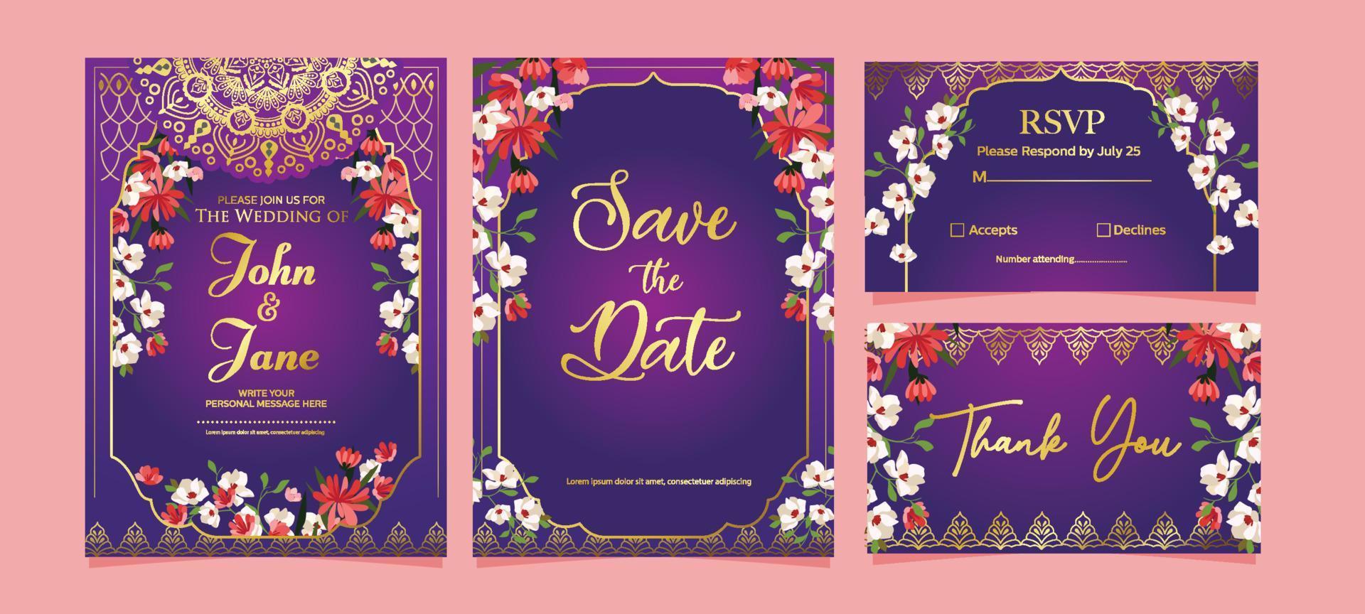 plantilla de invitación de boda india en color púrpura vector