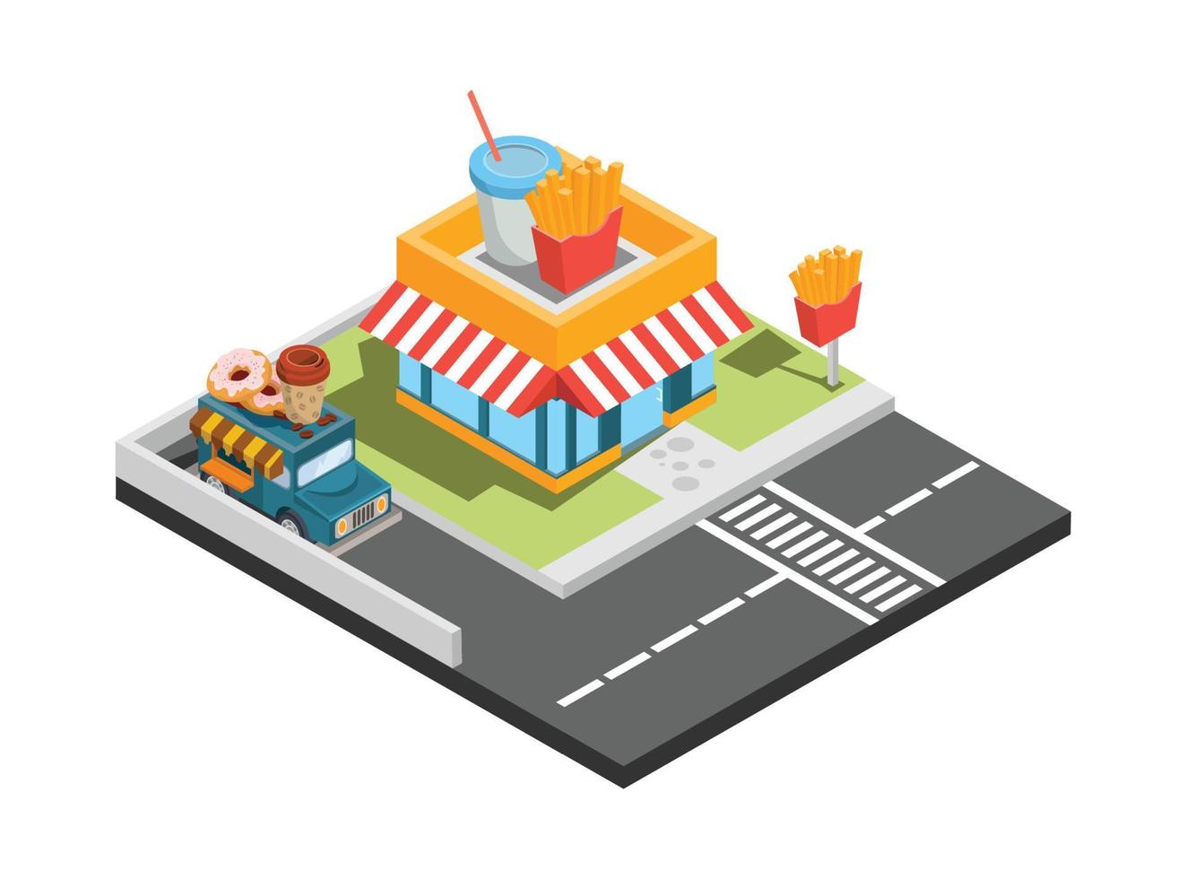 Vector isometric icon or infographic element representing low poly fast food restaurant with car park and neon advertising sign. Suitable for Diagrams, Infographics, And Other Graphic assets