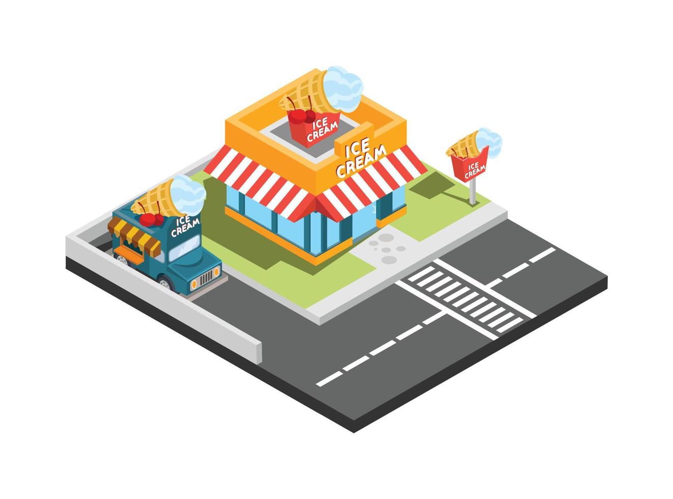 Vector isometric icon or infographic element representing low poly fast food restaurant with car park and neon advertising sign. Suitable for Diagrams, Infographics, And Other Graphic assets