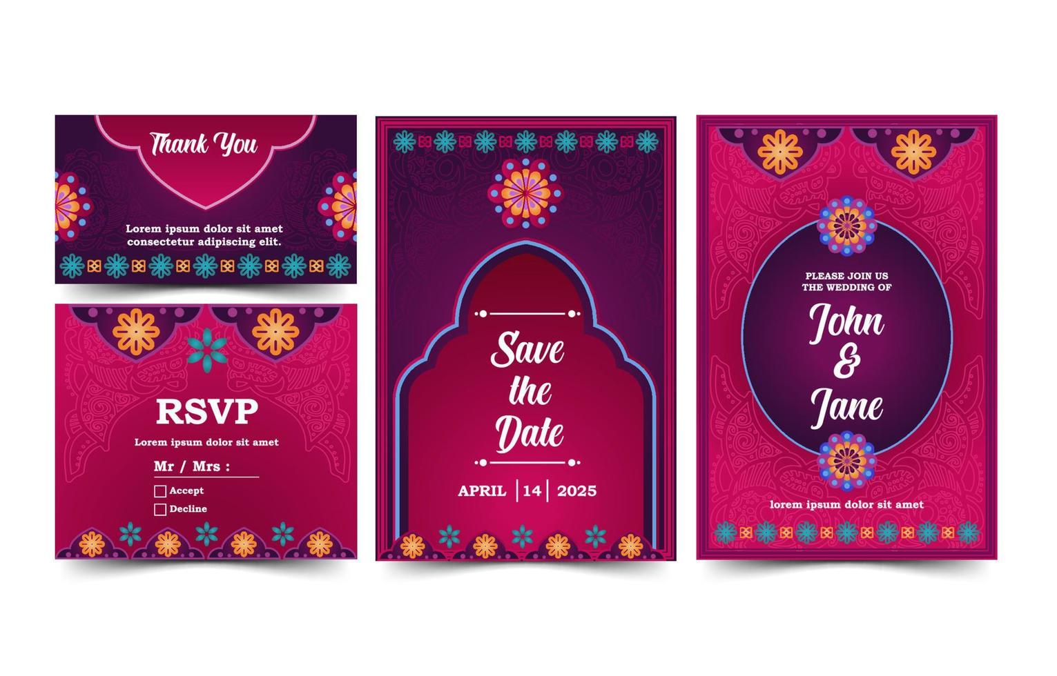 conjunto de invitación de boda india vector