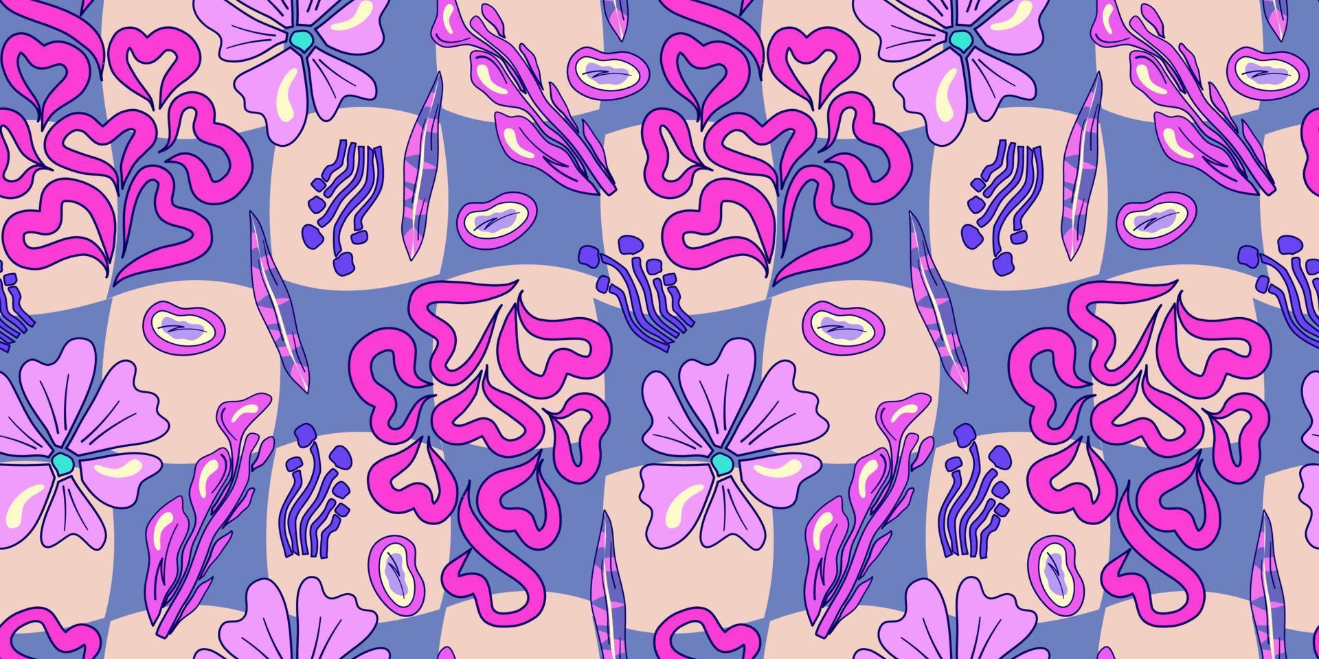 patrón psicodélico trippy de flores sin costuras. patrón transparente psicodélico púrpura. estampado mágico de margaritas florales. diseño trippy hippie floral ilustración plana. impresión retro y2k vector