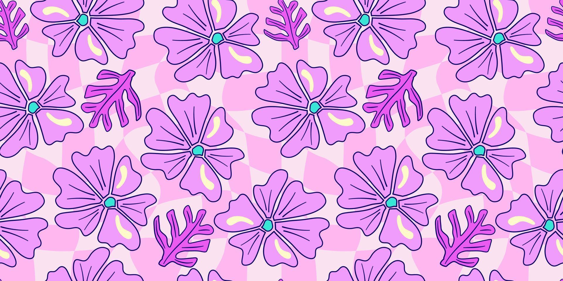 Seamless flower trippy psychedelic checkerboard pattern. Pink psychedelic seamless pattern. Magic floral daisy print. Trippy design hippie floral flat illustration. Retro y2k print vector