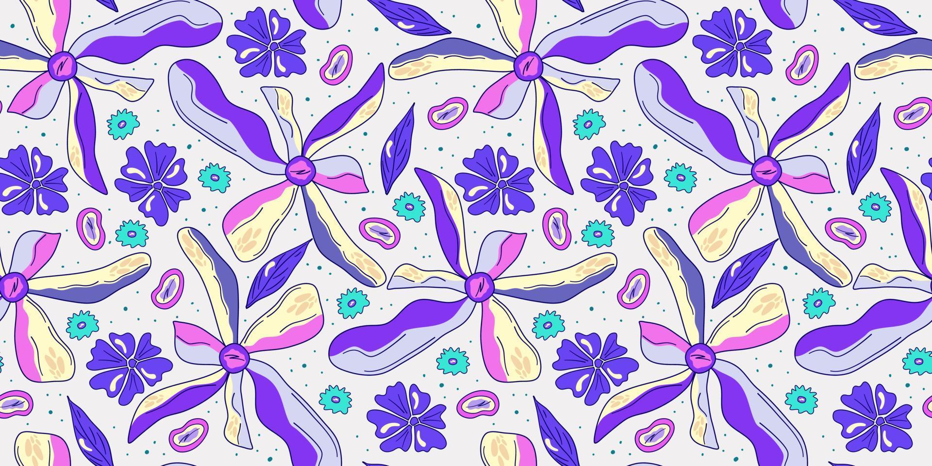 Seamless flower trippy psychedelic pattern. Purple psychedelic seamless pattern. Magic floral daisy print. Trippy design hippie floral flat illustration. Retro y2k print vector