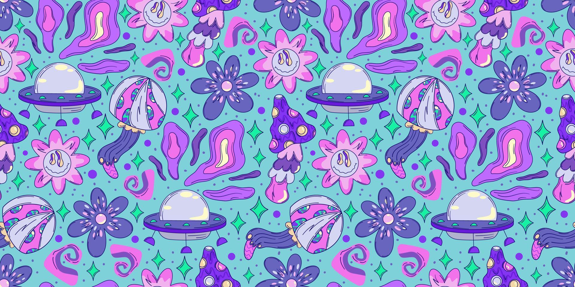 Trippy y2k seamless pattern with mushroom and ufo. Crazy flower abstract. Doodle vector seamless pattern. Magic alien trippy design.