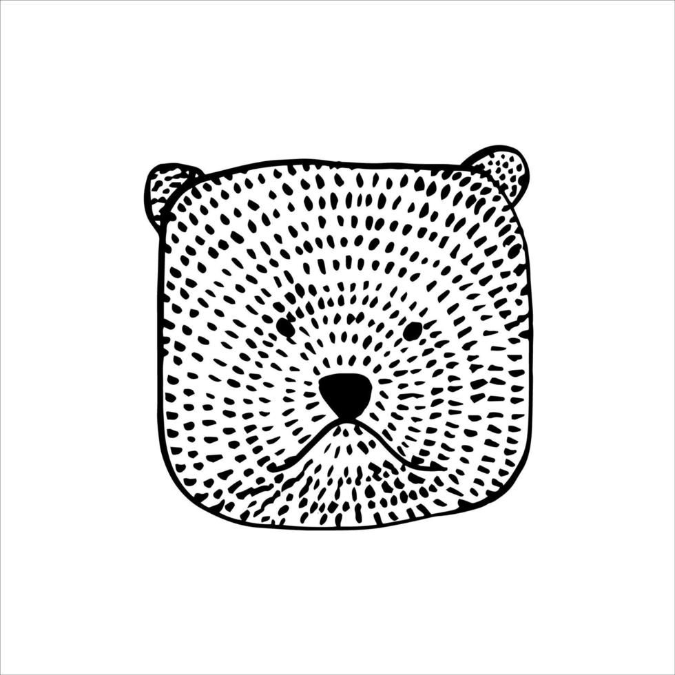 hand drawn sad bear head cartoon in doodle style. Square stylized bear head with wool. Black outline drawing on a white background to create a logo, corporate identity, stickers vector