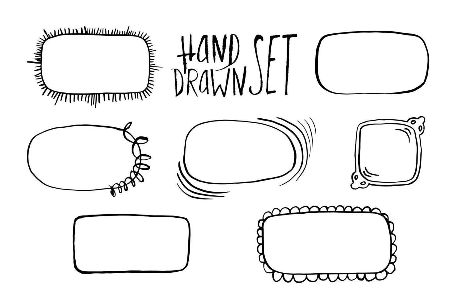 Hand-drawn vector set of grunge vintage frames. Collection of square, rectangular curly frames drawn in black ink on white