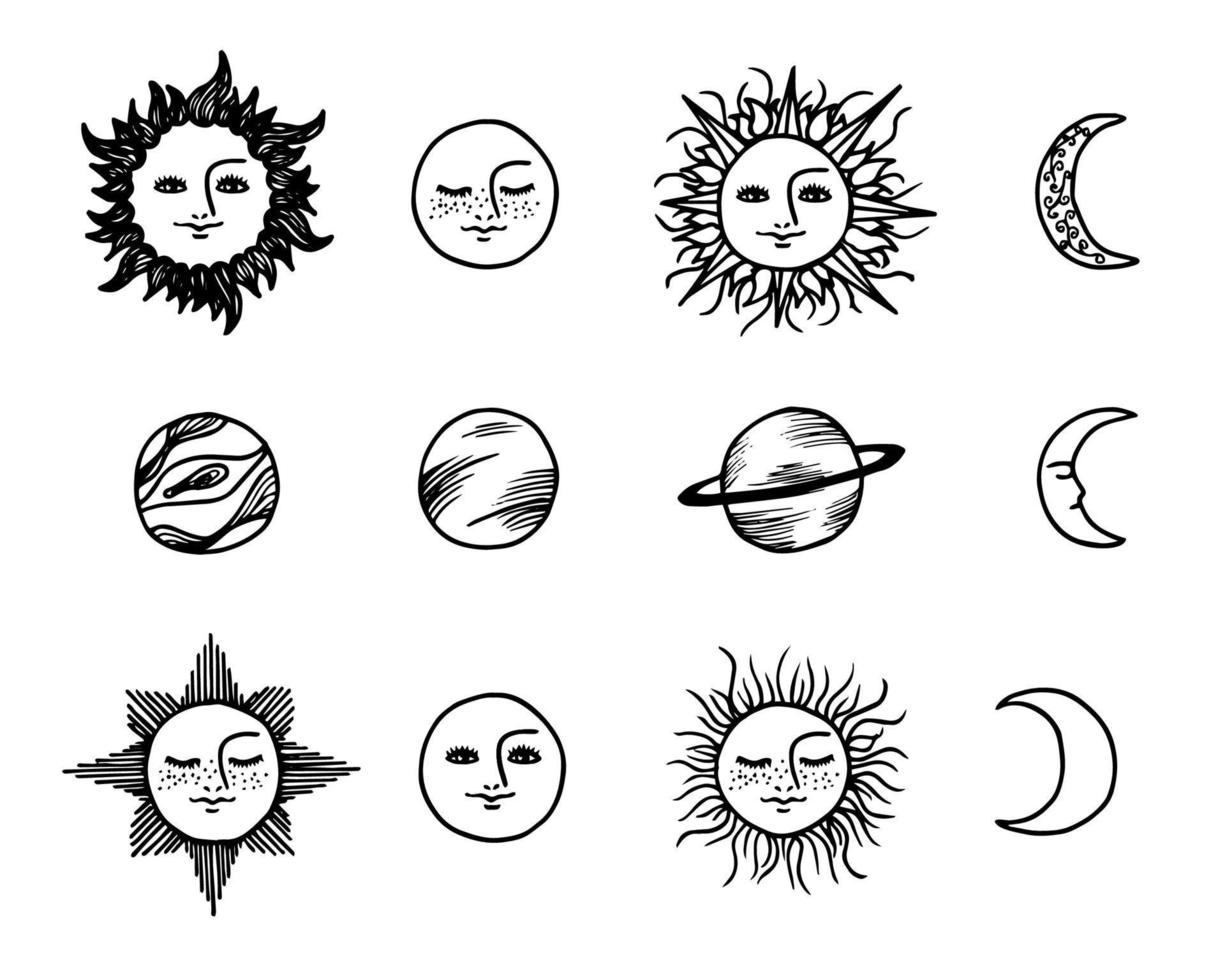 moon, planets, sun, crescent moon with human faces. Set of vector illustrations on the theme of the solar system and esoteric. Hand drawn and traced elements
