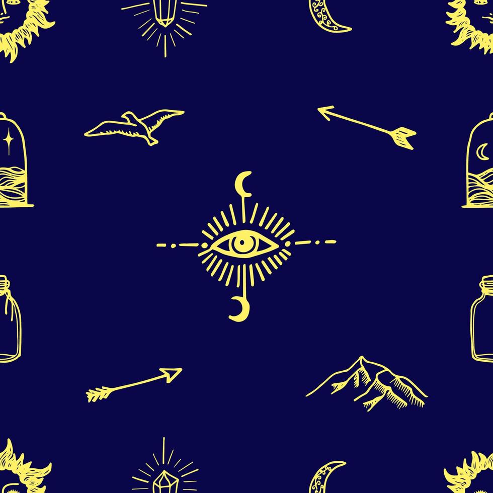 seamless pattern of yellow elements on the theme of mysticism on a dark blue background. Drawn by hand in doodle style and traced - third eye, mountains, arrow, crescent moon, bird, sun with a face vector
