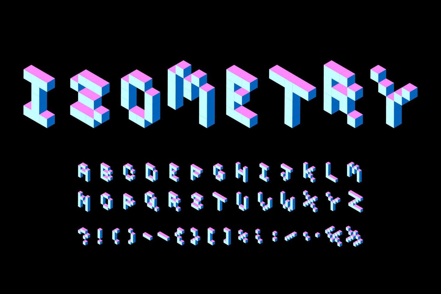 Bright color font from cubes in isometry. Vector pink blue letters and punctuation marks on a black background