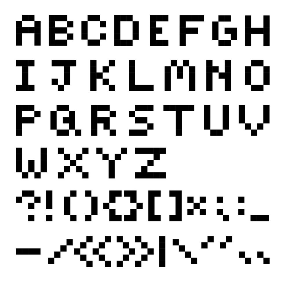 Flat alphabet and punctuation marks in pixel art style on a white background. period, comma, exclamation, question,  colon, semicolon, quotation, dash, hyphen, parentheses, brackets, slash vector