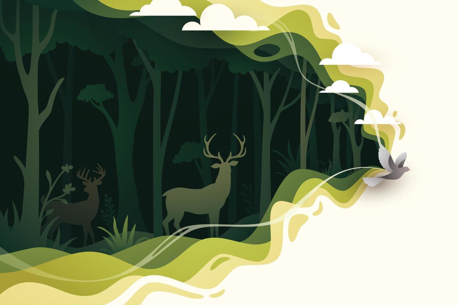 Deer in natural forest layered shape wavy background in paper cut style vector