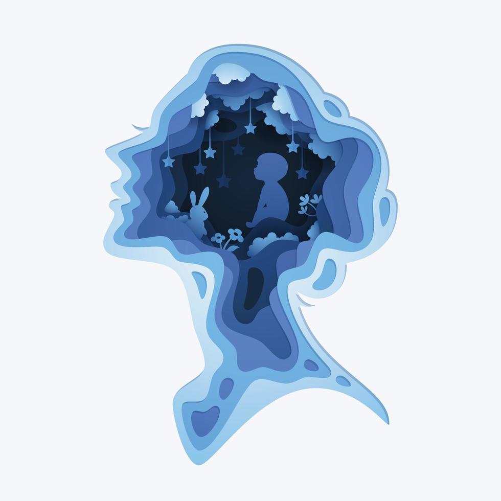 Paper cut layered human head with lonely little baby and star, business or mind psychology concept vector