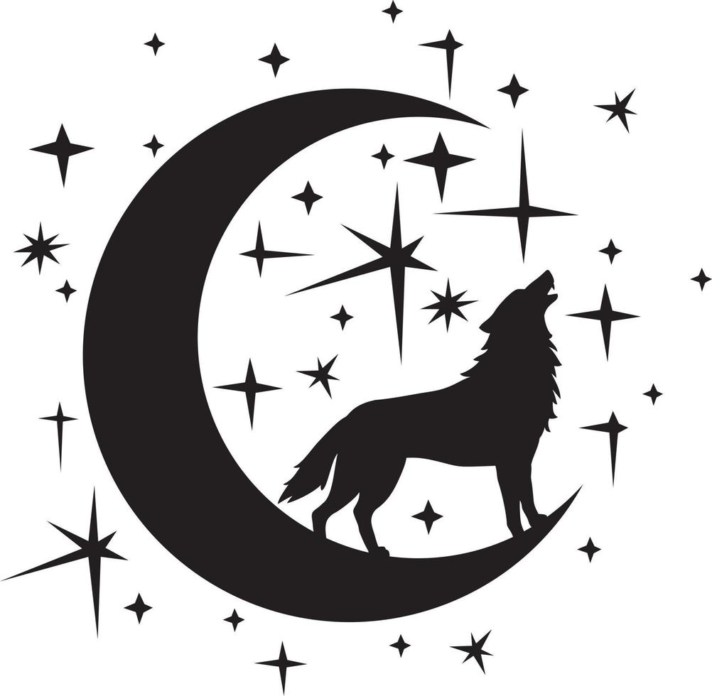 Silhouette of Howling Wolf, Night moon and stars - crescent. Vector Illustration.