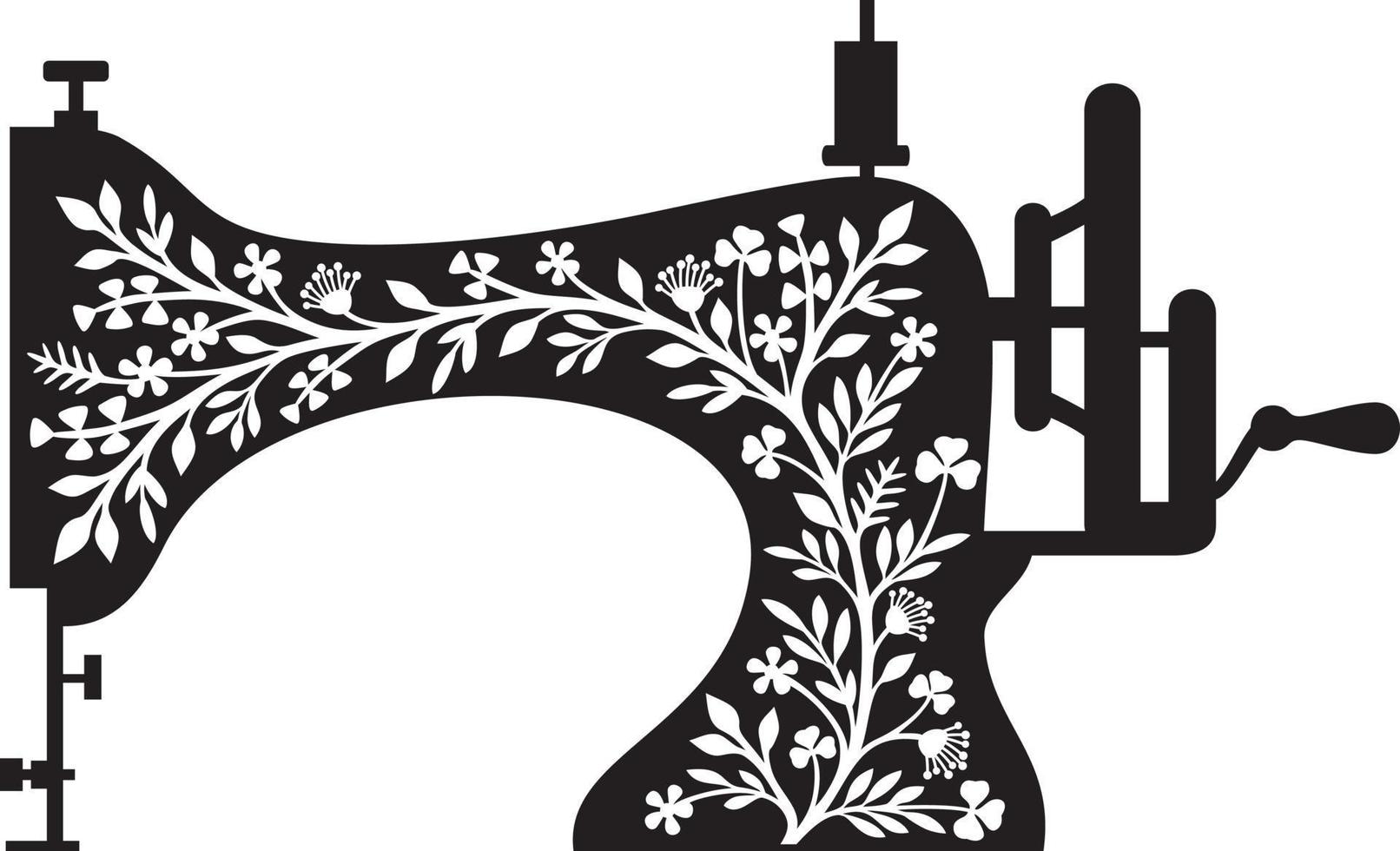 Floral Sewing Machine - Vintage Design Black and White. Vector Illustration.