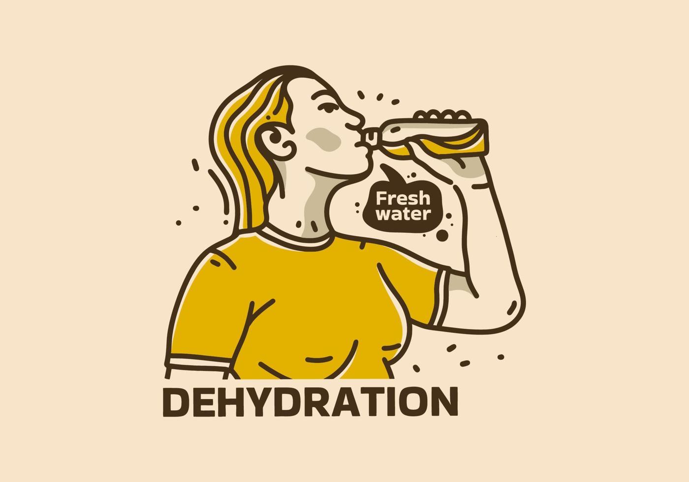 Vintage art illustration of woman drinking from bottled water vector