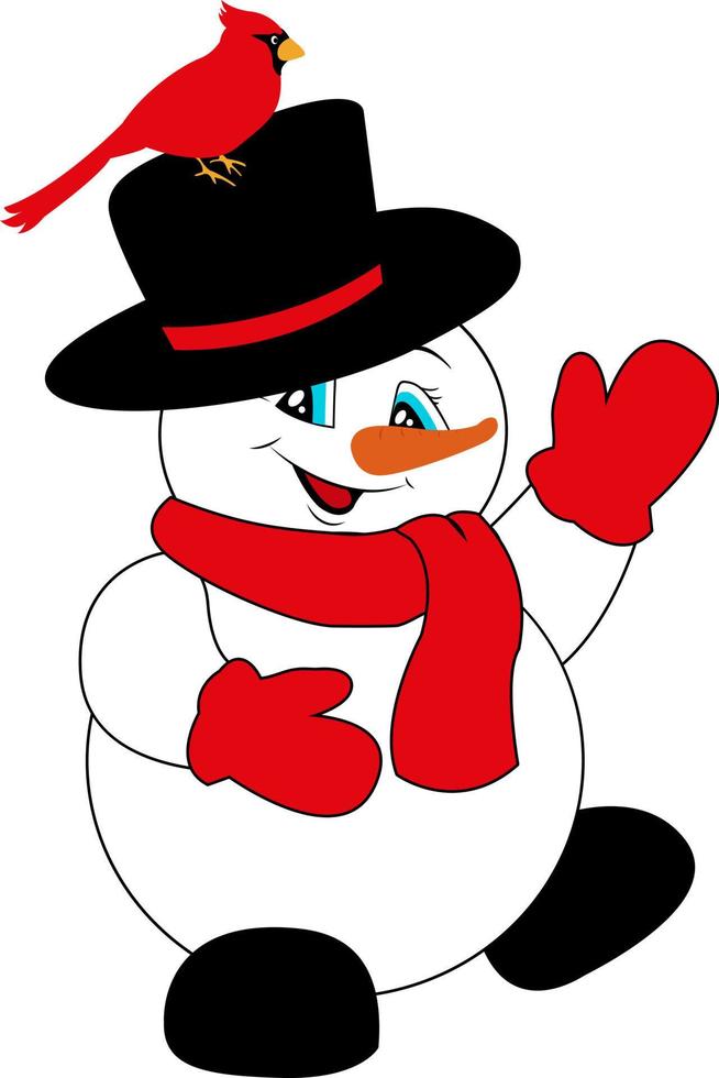 lindo muñeco de nieve con sombrero, bufanda y mitones. Cardenal. Navidad y Año Nuevo. vector